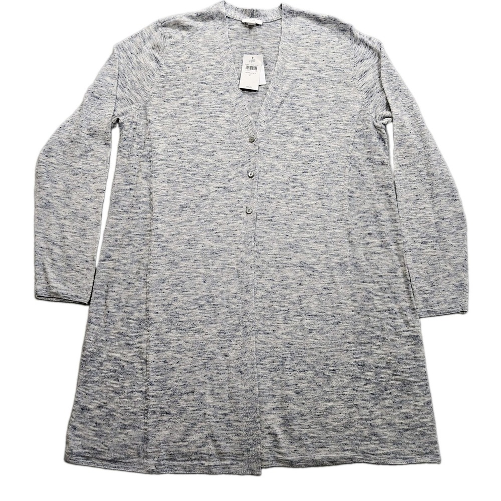 J. Jill Duster Cardigan Sweater Linen Blend Womens Large 3 Button Navy Blue Long
